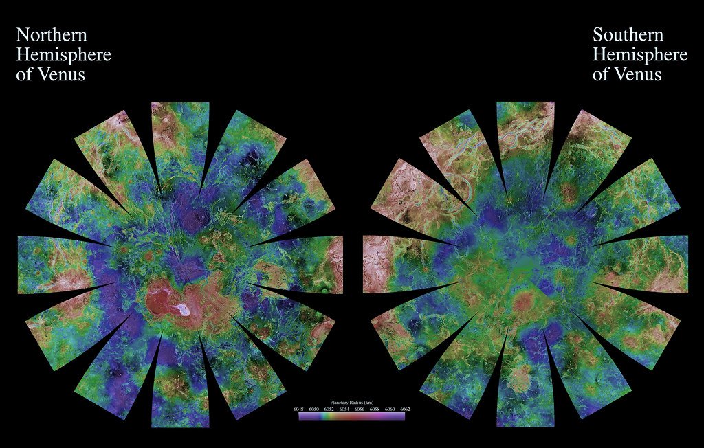 Two polar maps of Venus, northern and southern hemispheres, colored by planetary radius, with a color scale bar below.