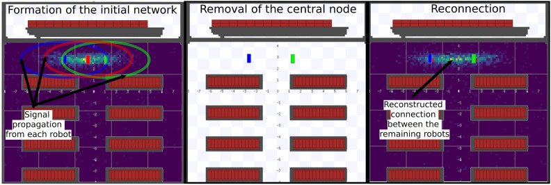Three panels showing a robot mesh network: the initial network with signal ranges around each robot, the network after the central robot is removed, and the reconnected link between the two survivors