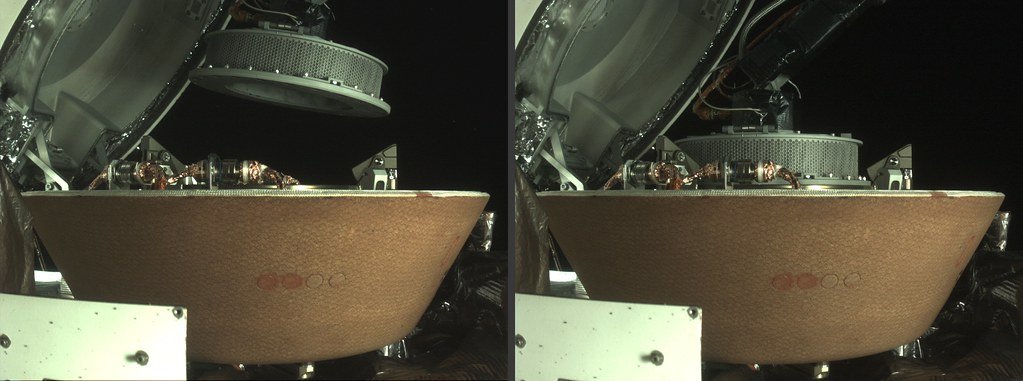 Two side-by-side frames from a spacecraft camera showing the sampler head being lowered onto the return capsule.