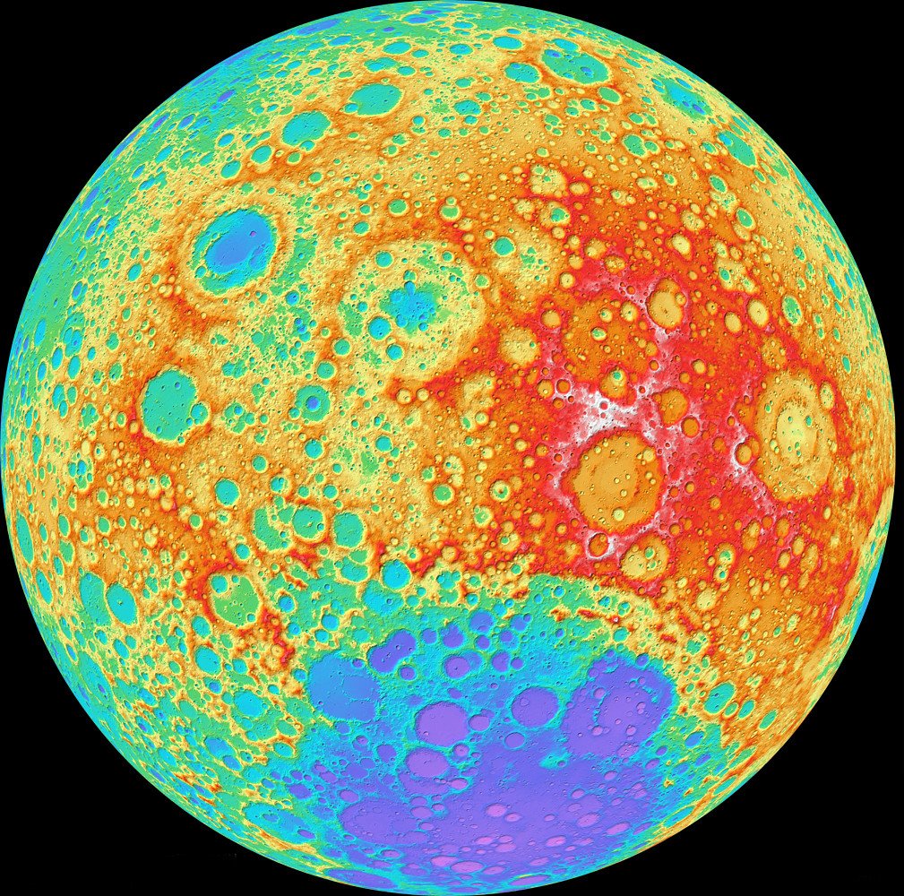 A colorized elevation map of the Moon's far side, with high ground in red and orange and low basins in blue and purple.