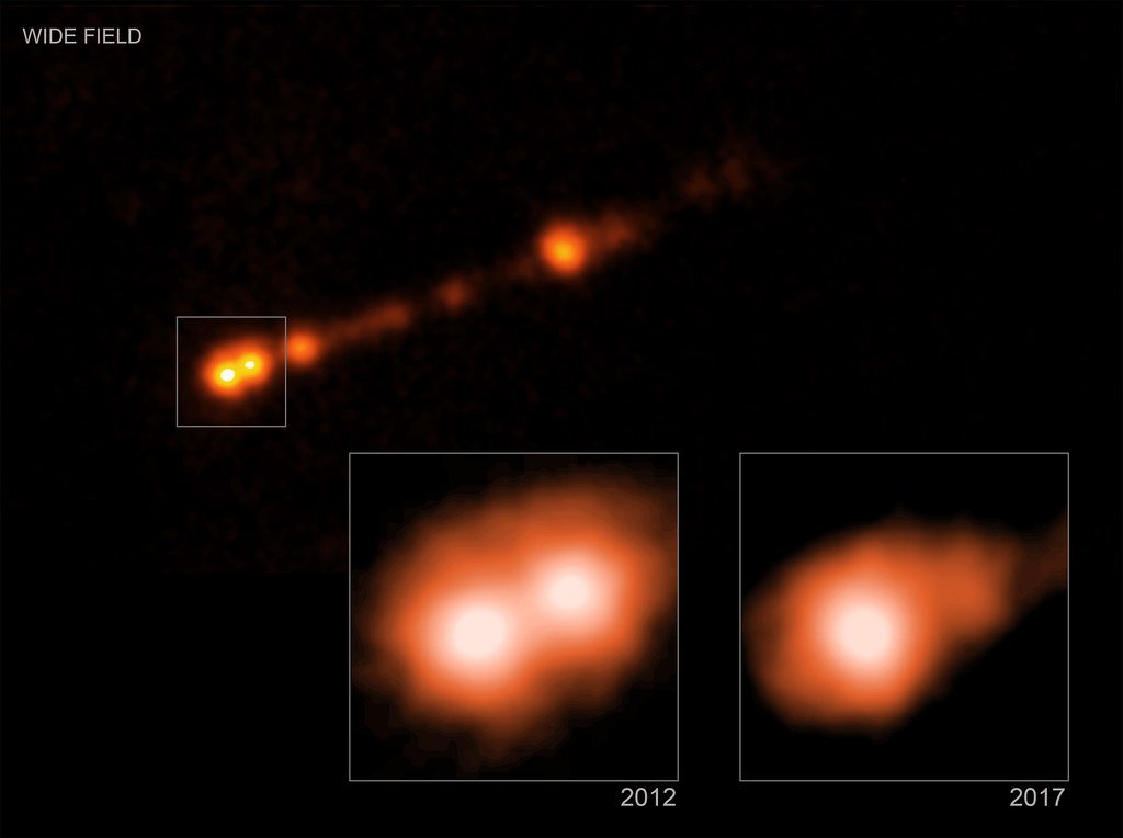 An X-ray image of the M87 jet as a chain of bright orange knots, with two labeled close-up panels from 2012 and 2017 showing the same region of the jet.