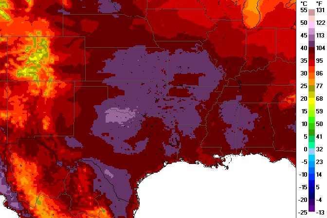 A reanalysis map of the central and southern United States shading maximum temperatures during the 1980 heat wave, with a color scale in Celsius and Fahrenheit at the right.