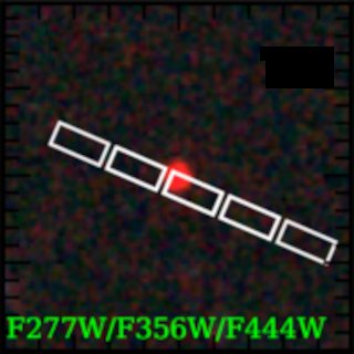 A JWST near-infrared color image of a small field of sky with one compact red point source at the center, crossed by a row of rectangular spectrograph slit outlines.