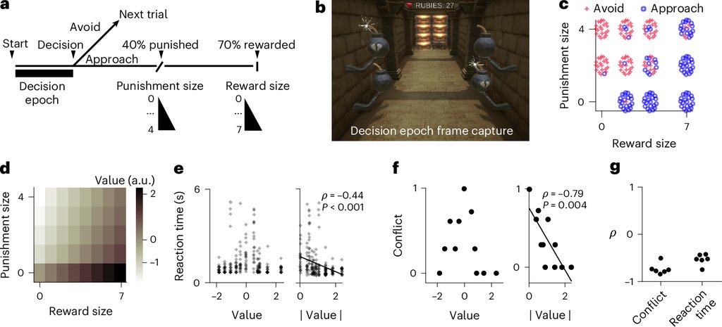 Multi-panel figure showing a video game corridor with bombs and treasure chests, a timeline of the decision epoch, and scatter plots of one participant's choices and reaction times.