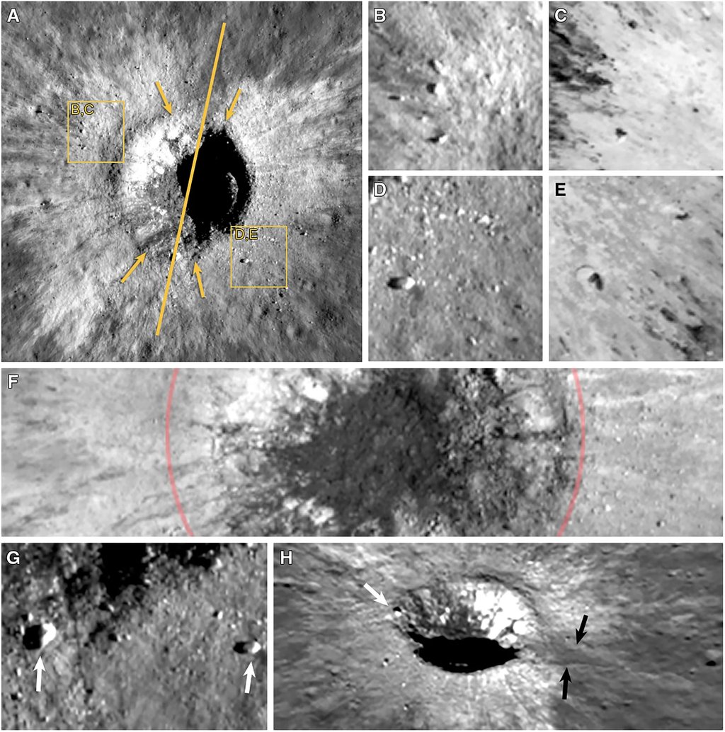 An eight-panel plate of close-up spacecraft photographs of McGetchin crater and its ejecta, ending with an oblique view of the crater seen from the east.