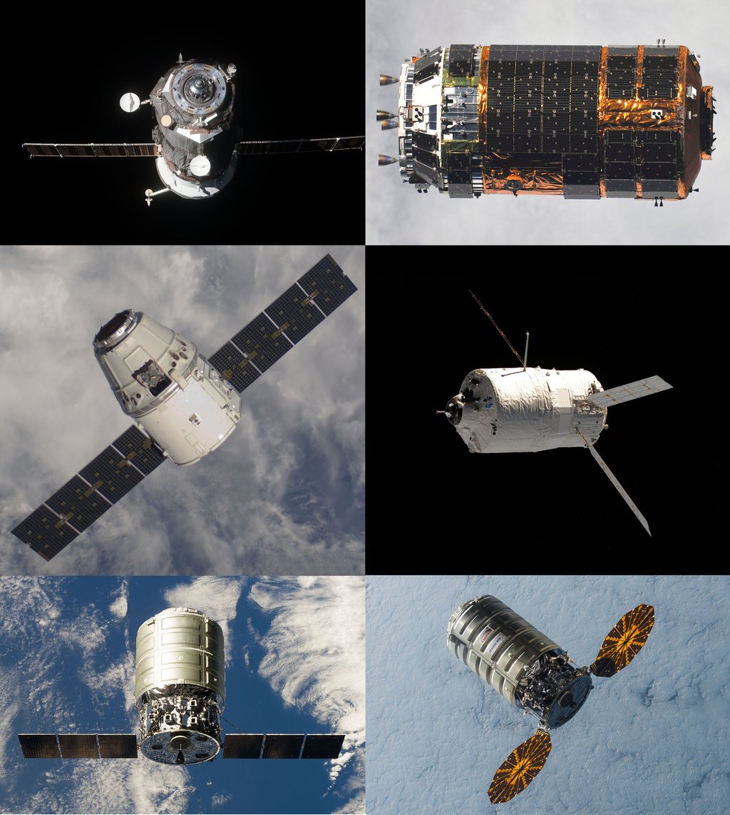 A six-panel collage of uncrewed cargo spacecraft that resupply the International Space Station: a Russian Progress, Japan's HTV, a SpaceX Dragon, Europe's ATV and two Cygnus freighters.