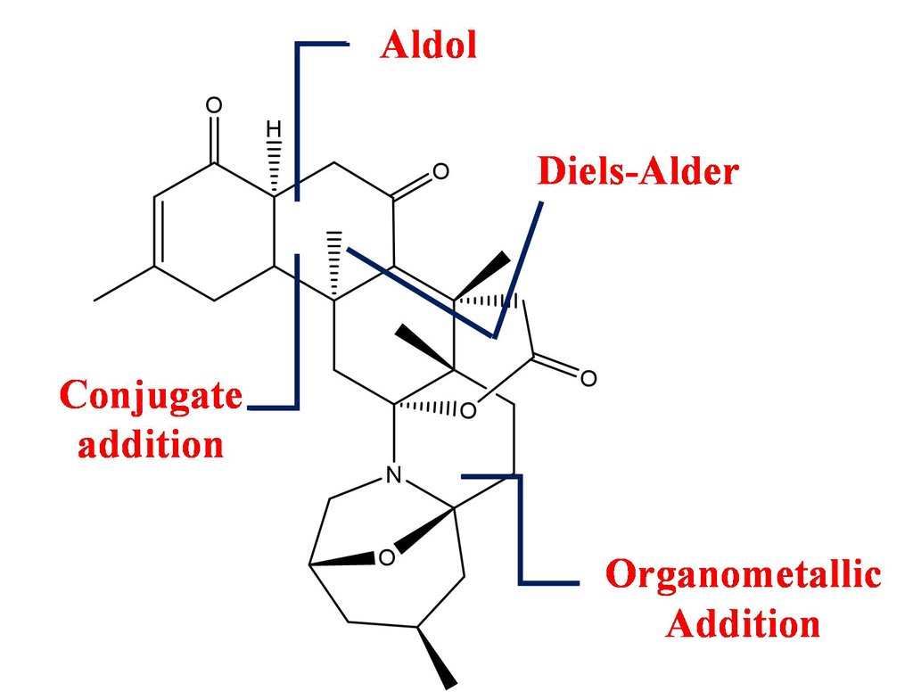 Chemical structure of norzoanthamine with four blue lines cutting across bonds, each labeled with the reaction that would form it: aldol, Diels-Alder, conjugate addition and organometallic addition.