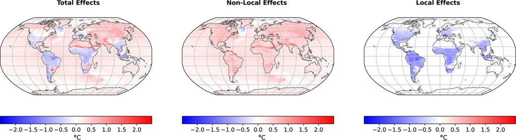 Three world maps showing total, non-local and local effects of reforestation on surface temperature, with cooling over reforested land and warming elsewhere.