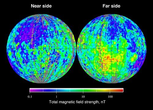 Two globes of the Moon, near side and far side, colored by total crustal magnetic field strength in nanotesla with a color scale bar.