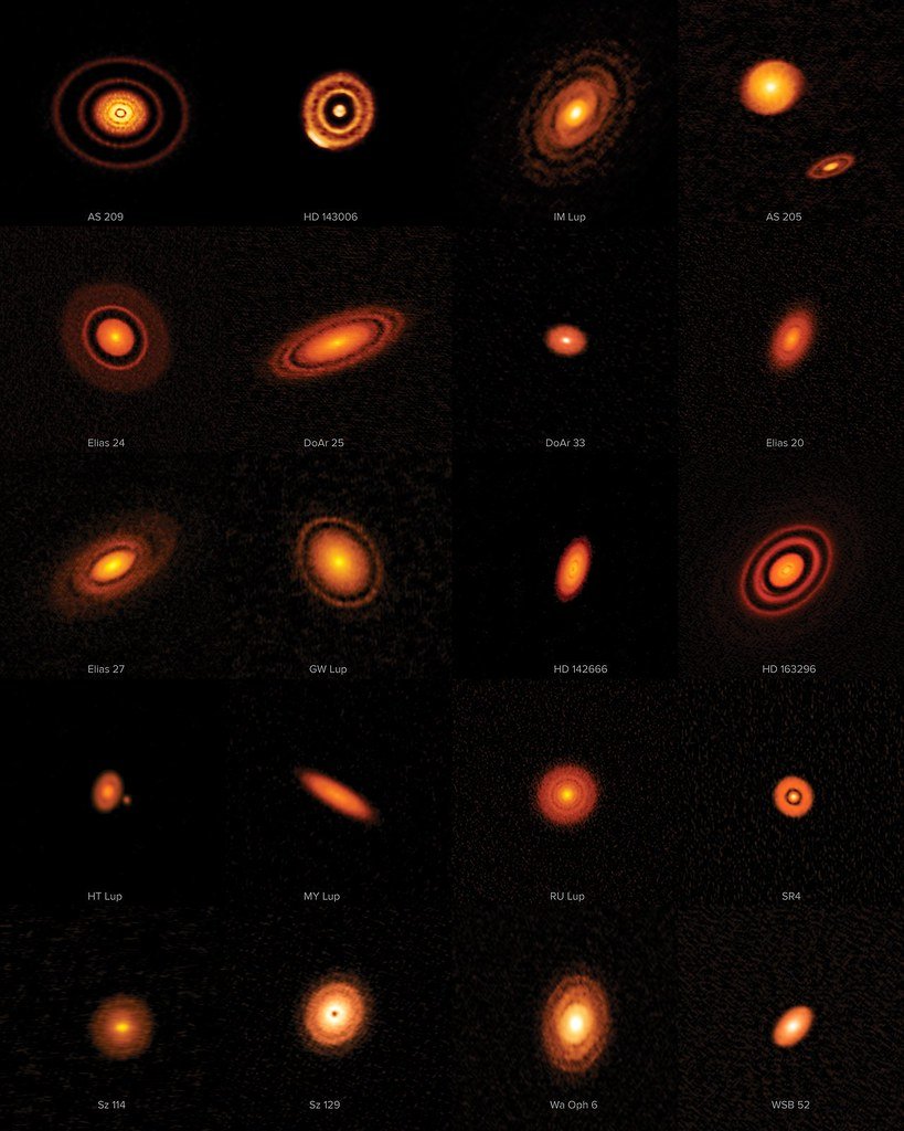 A grid of twenty high-resolution ALMA images of protoplanetary disks, each labeled with its star name, many showing concentric rings and gaps.