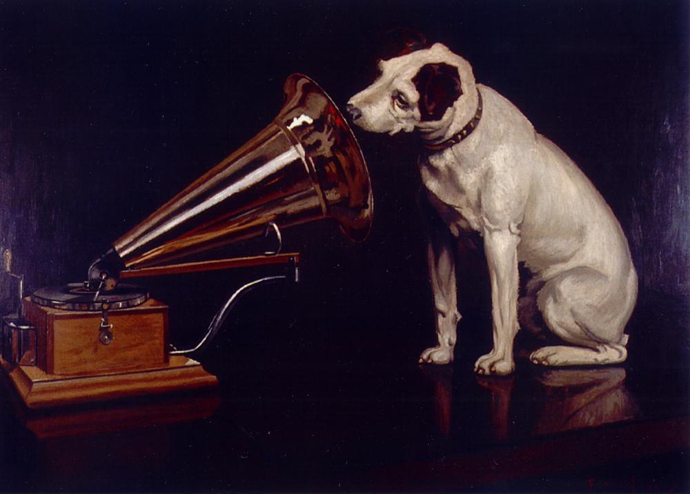 An oil painting of a white terrier sitting on a polished surface beside a horn gramophone, its head at the mouth of the horn.