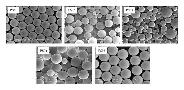 Five scanning electron microscope panels labeled PS01 to PS05, each showing closely packed spherical polystyrene particles with a scale bar.