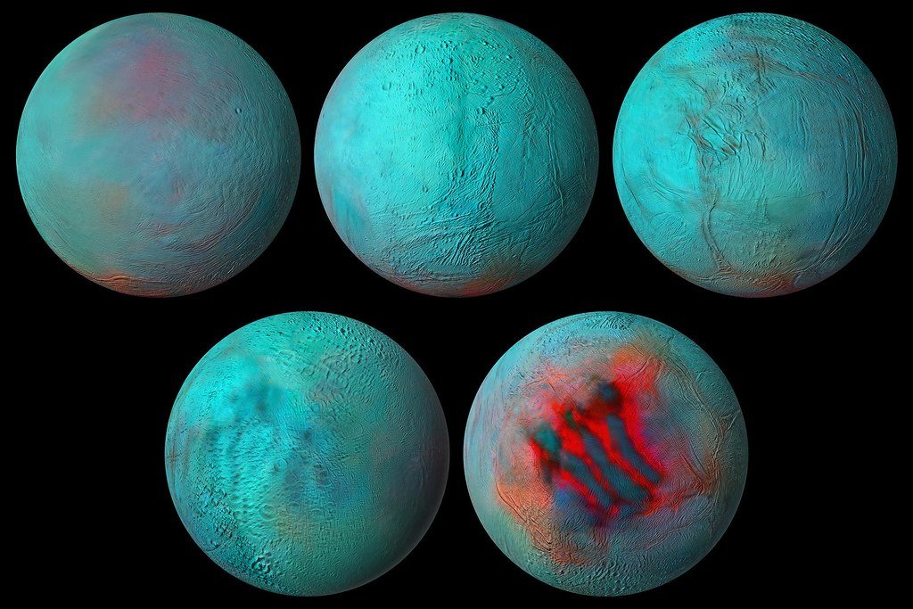 Five false-color infrared globes of Enceladus in blue-green, the last showing red stripes across the south pole.
