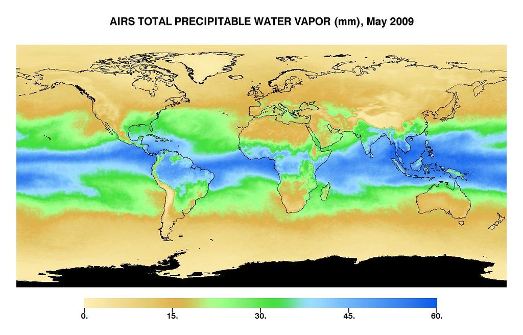 World map of total precipitable water vapor for May 2009, with a color scale from 0 to 60 millimeters and the moistest air in blue along the tropics and over South and Southeast Asia.