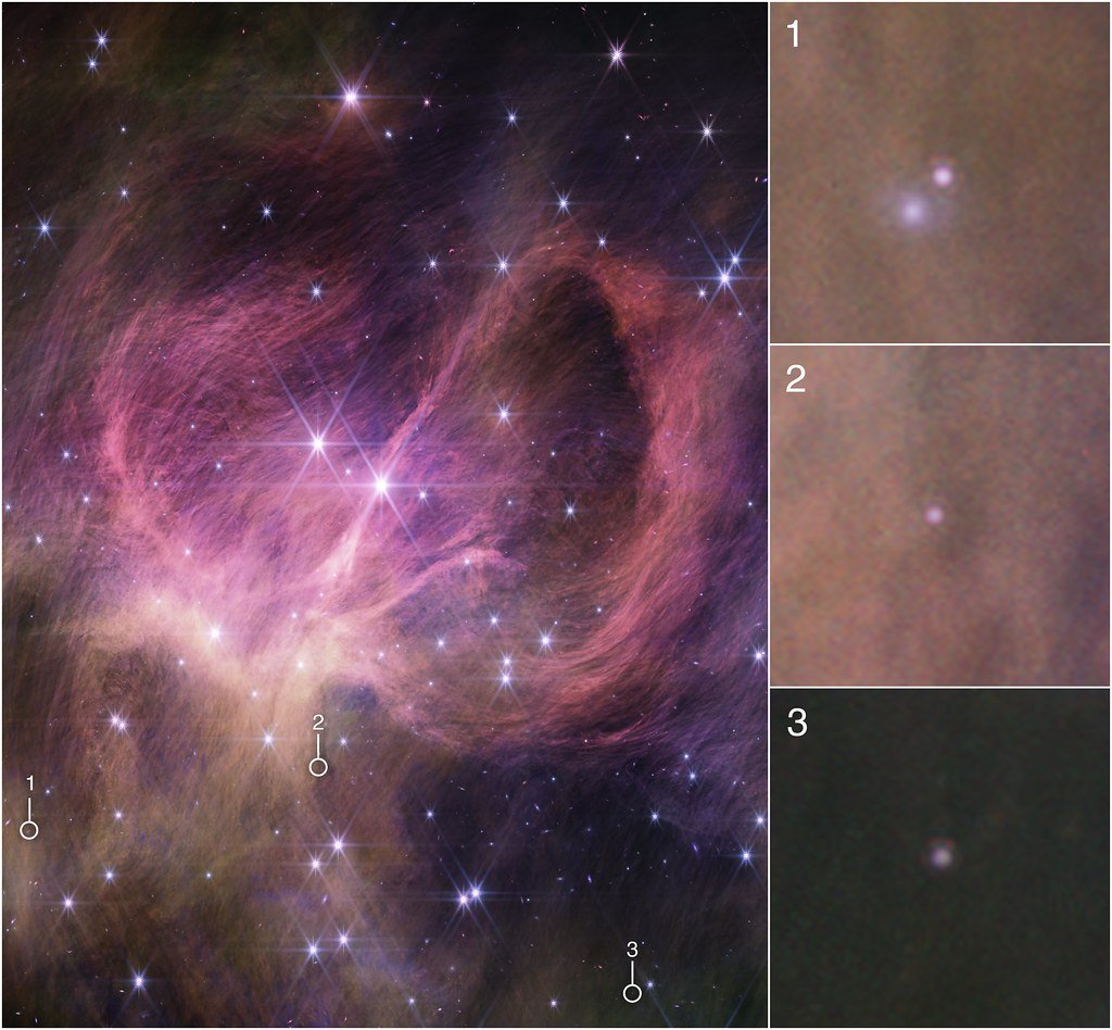 A Webb survey field of the cluster with three small circles labeled 1, 2 and 3 marking faint objects, each shown enlarged in a panel on the right.