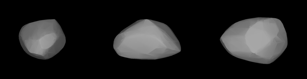 Three gray computer-modeled views of an irregular, lumpy asteroid on a black background.