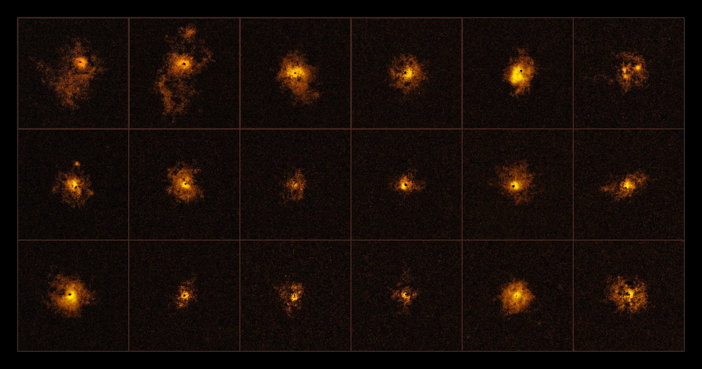 A grid of eighteen small panels, each showing a golden glow of gas around a distant quasar against a dark background.