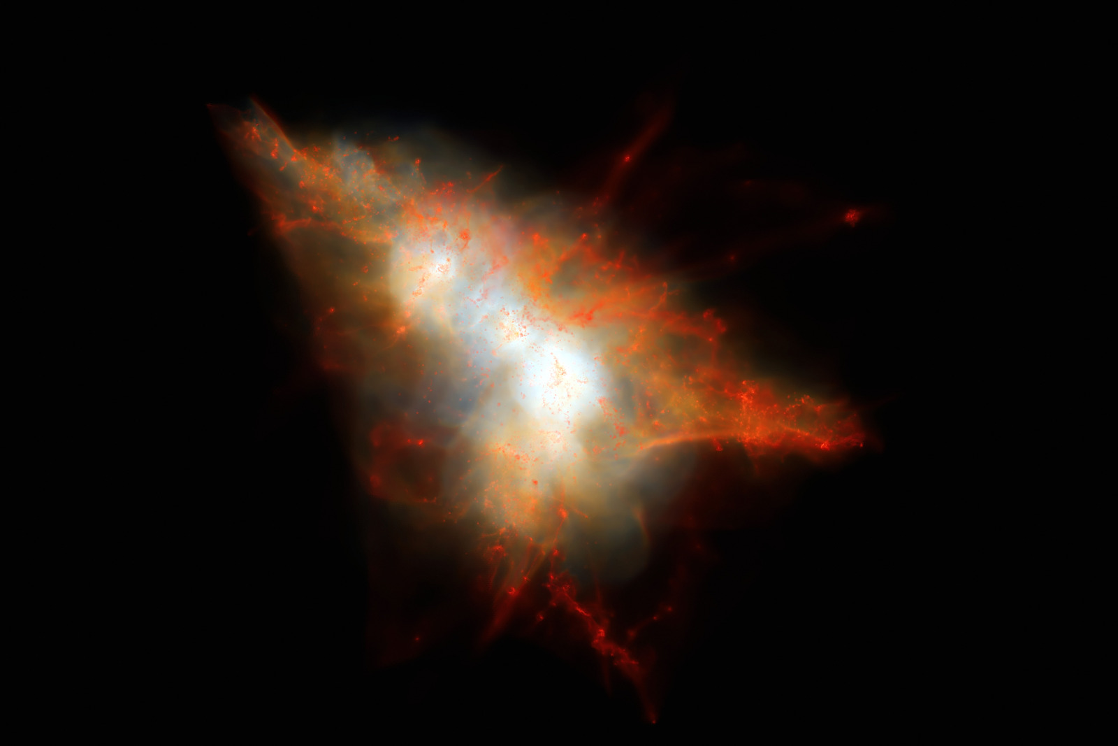 A simulated cloud of gas around forming galaxies: a white-hot centre surrounded by red filaments branching outwards against black.