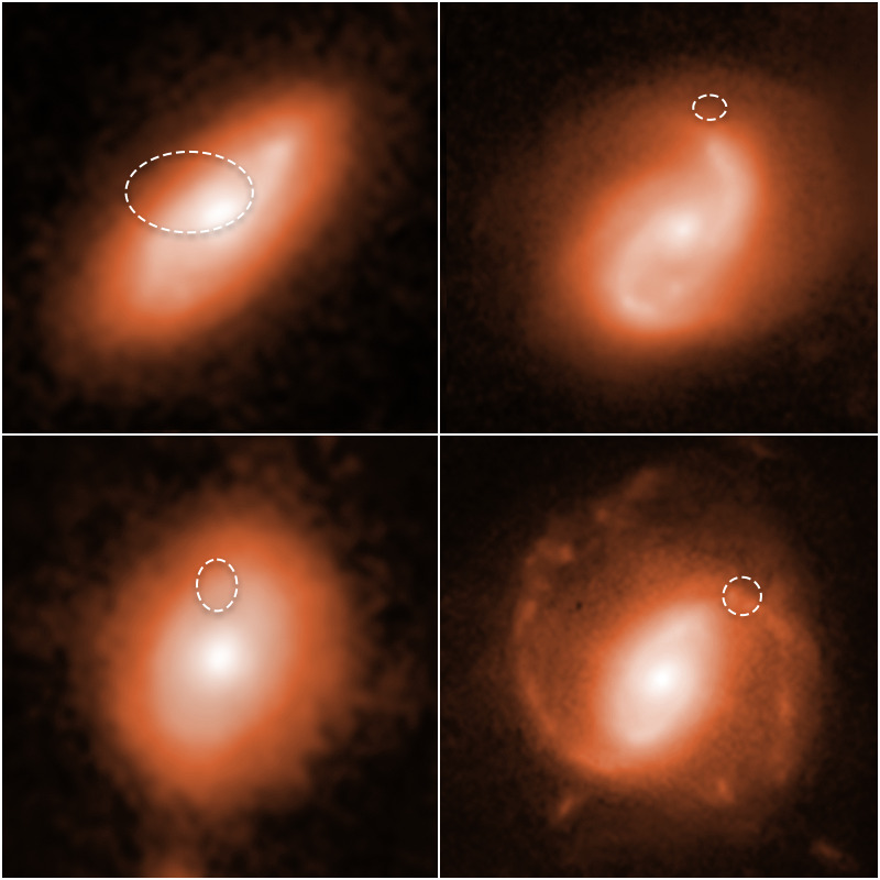 Four panels, each an orange galaxy imaged by Hubble, with a white dashed oval marking the region a fast radio burst came from.