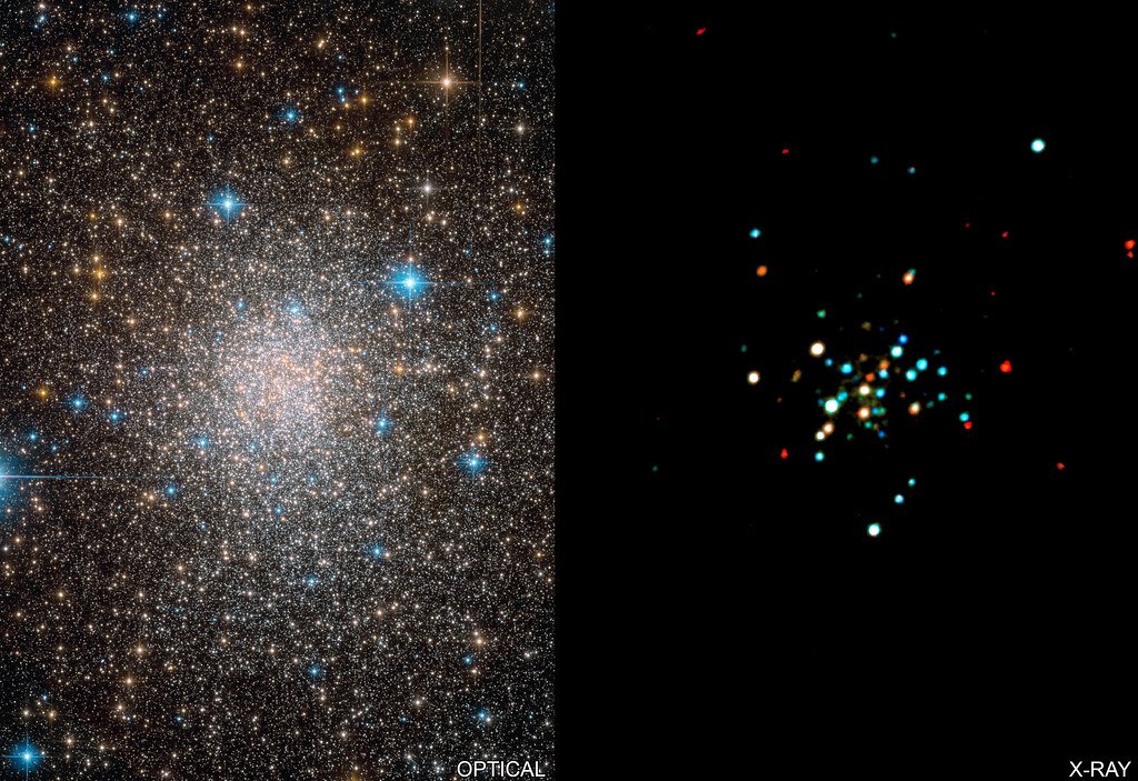 Two panels side by side: at left the star cluster Terzan 5 in visible light, at right the same field in X-rays showing scattered colored points.