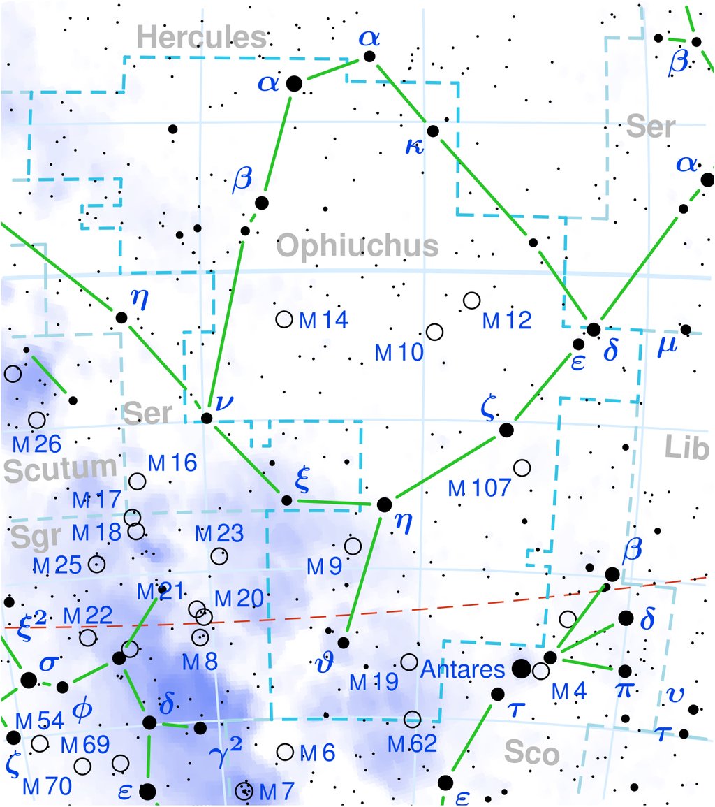 Star chart of the constellation Ophiuchus, with star labels, Messier objects and the ecliptic drawn as a red dashed line.