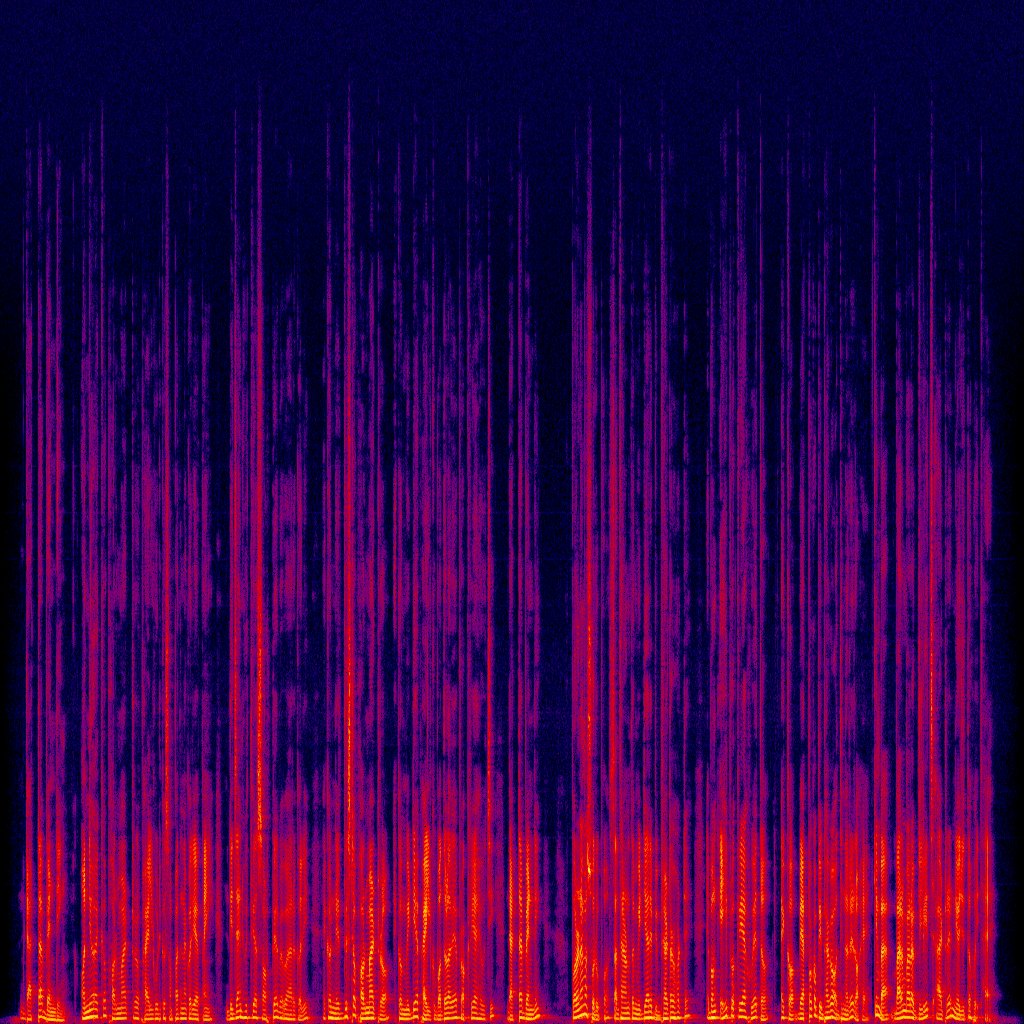 A dense orange and purple spectrogram of continuous speech, with many narrow vertical bands separated by darker gaps.