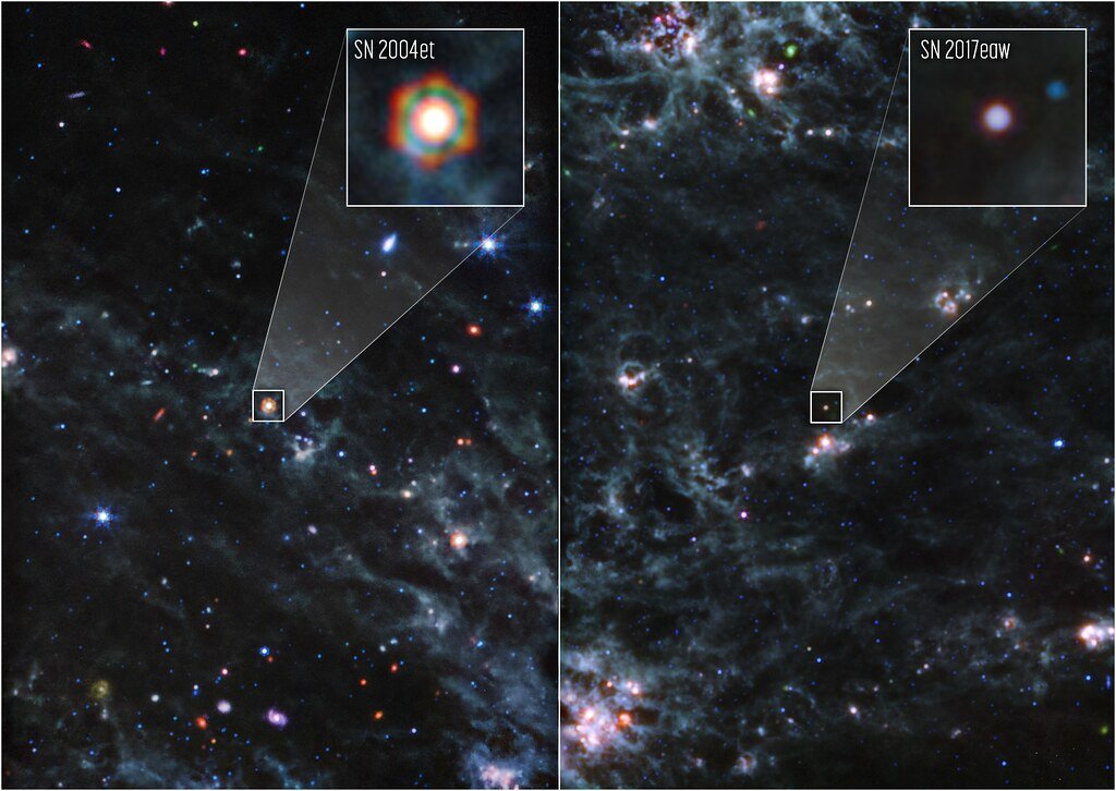 Two side-by-side James Webb Space Telescope mid-infrared images of a nearby spiral galaxy, each with a small boxed point of light enlarged in a corner panel labeled SN 2004et and SN 2017eaw.