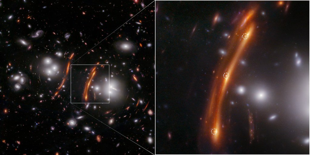 A James Webb Space Telescope image of a galaxy cluster, with an orange stretched arc of a background galaxy; a magnified panel at right circles three separate points of light along the arc.