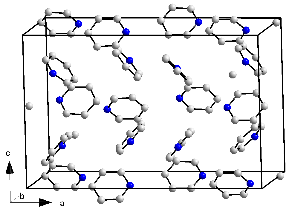 Diagram of a crystal unit cell filled with six-membered pyridine rings, each carrying one blue nitrogen atom.