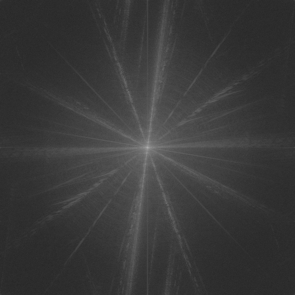 A two dimensional Fourier power spectrum computed from a photograph, shown as a dark square with a bright point at the center and faint spokes radiating outward.