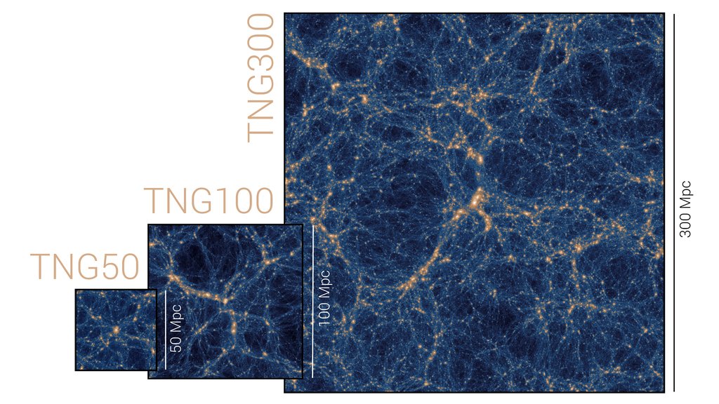 Three nested square panels showing a blue and orange filamentary web of dark matter at increasing volumes, labeled TNG50, TNG100 and TNG300.