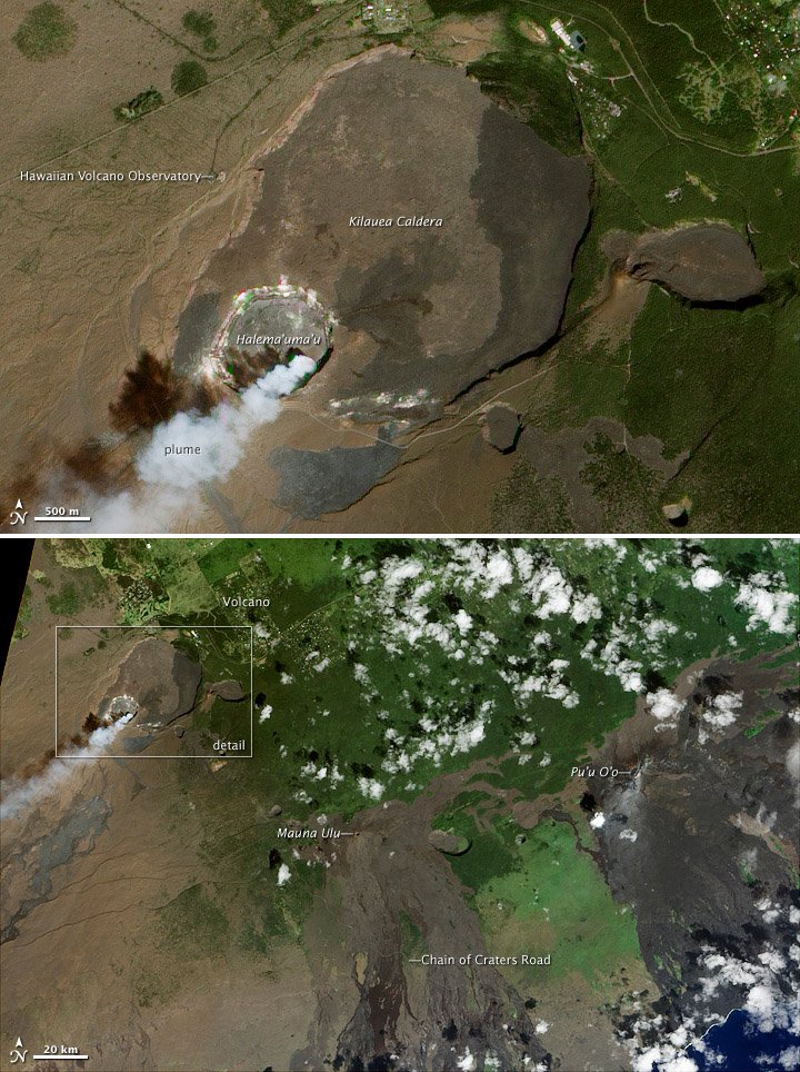 Two stacked annotated satellite images of Kīlauea: a close view labeling the caldera, Halemaʻumaʻu, a plume and the Hawaiian Volcano Observatory, and a wider view labeling Mauna Ulu, Puʻu ʻŌʻō and Chain of Craters Road.