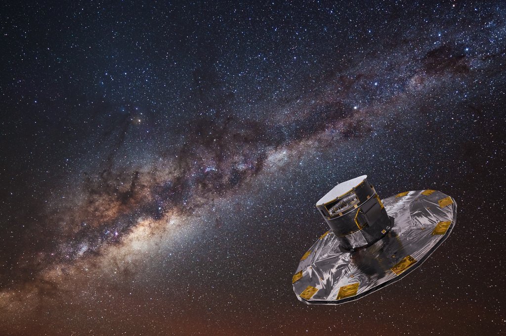 Artist's rendering of the Gaia spacecraft, with its wide circular sunshield, above a panorama of the Milky Way.