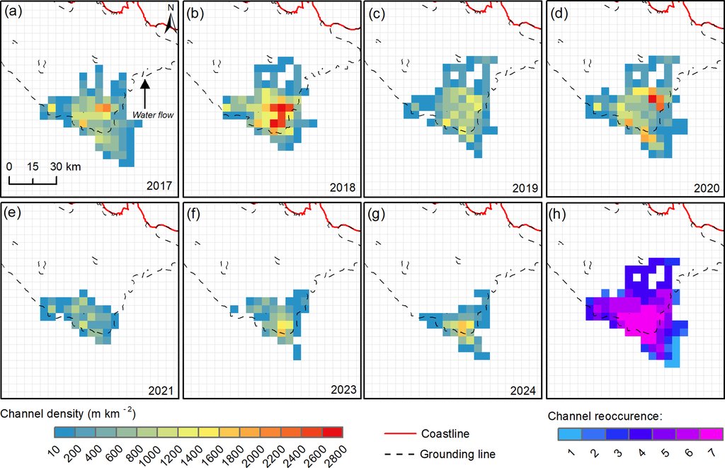 Eight small maps of the ice shelf. Seven show channel density for single January dates between 2017 and 2024 as colored grid cells, and the eighth, panel h, shades each cell by how many of those years carried a channel.