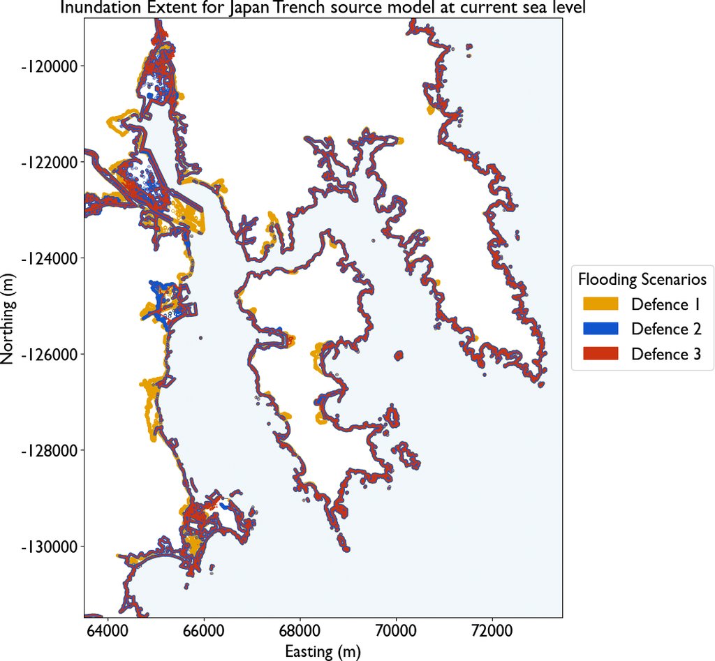 Map of the Kesennuma coastline with three colored bands, orange, blue and red, tracing the modeled flooding edge for each of the three defense configurations.