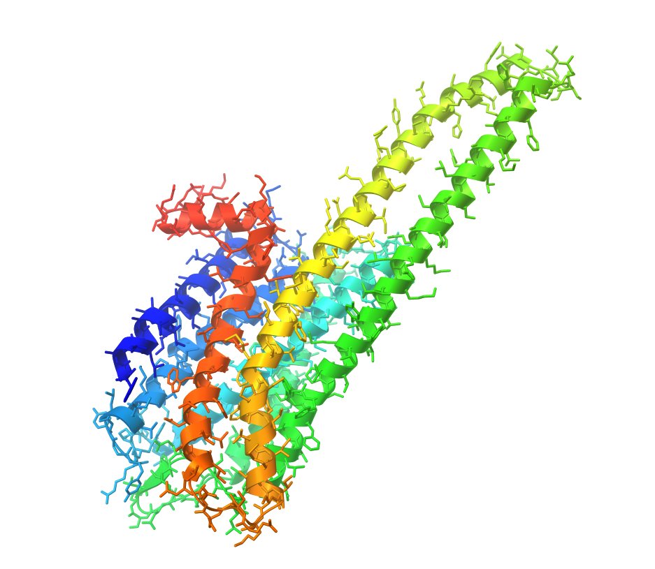 A ribbon model of the serotonin 2A receptor protein, colored in a rainbow gradient from blue to red.
