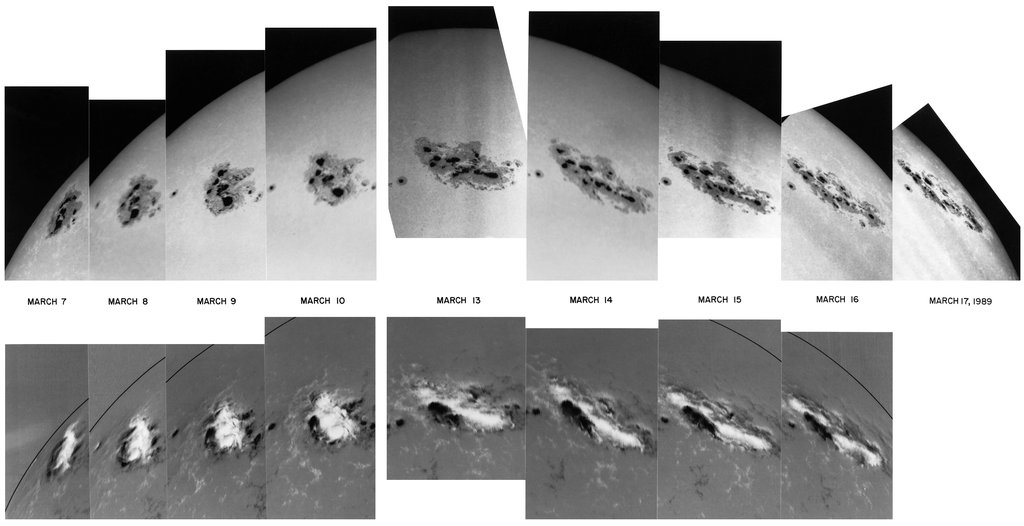 Two rows of dated telescope frames following one sunspot group through nine dated views, in visible light above and in magnetic maps below.
