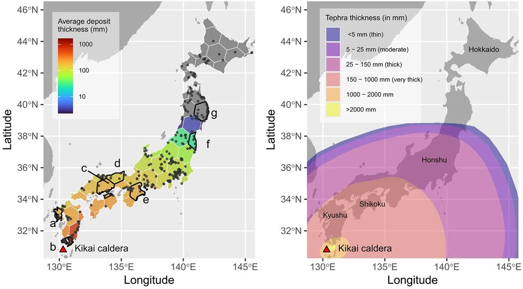Two maps of Japan side by side: one dotted with dated archaeological sites inside hexagonal cells, the other shaded in colored bands for modeled ash thickness, with the Kikai caldera marked by a red triangle.