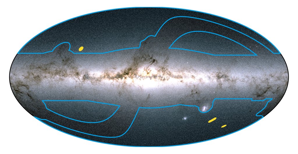 An all sky oval map of the Milky Way with blue outlines marking Euclid's wide survey area and small yellow patches marking its deep fields.