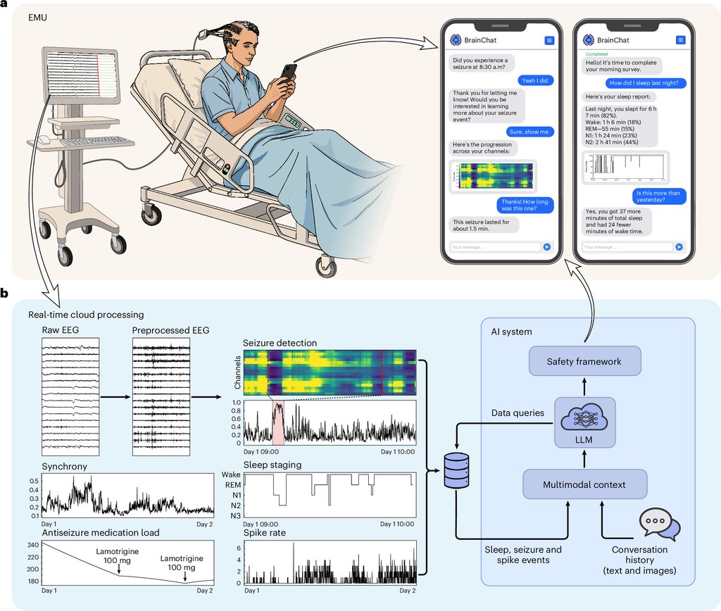 A two-part schematic: smartphone chat screens showing seizure alerts and charts on the left, and on the right the cloud pipeline that extracts brain measures and feeds an AI system.
