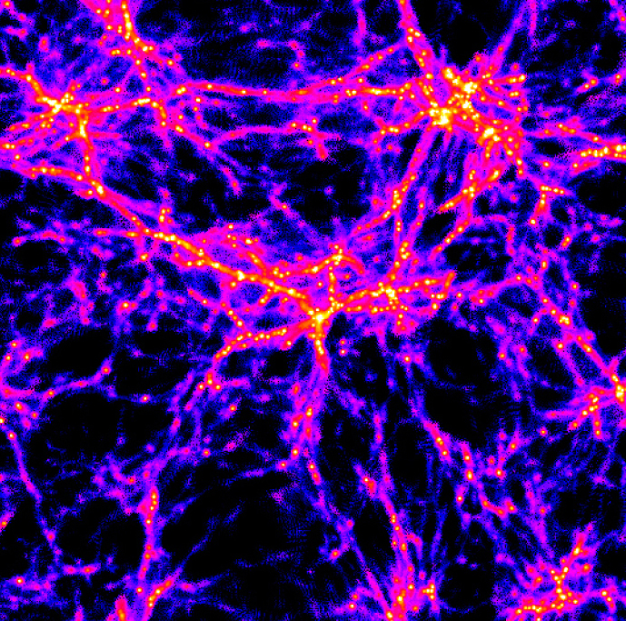 A simulated network of bright filaments and knots of gas, yellow at the densest points, fading through red to blue.
