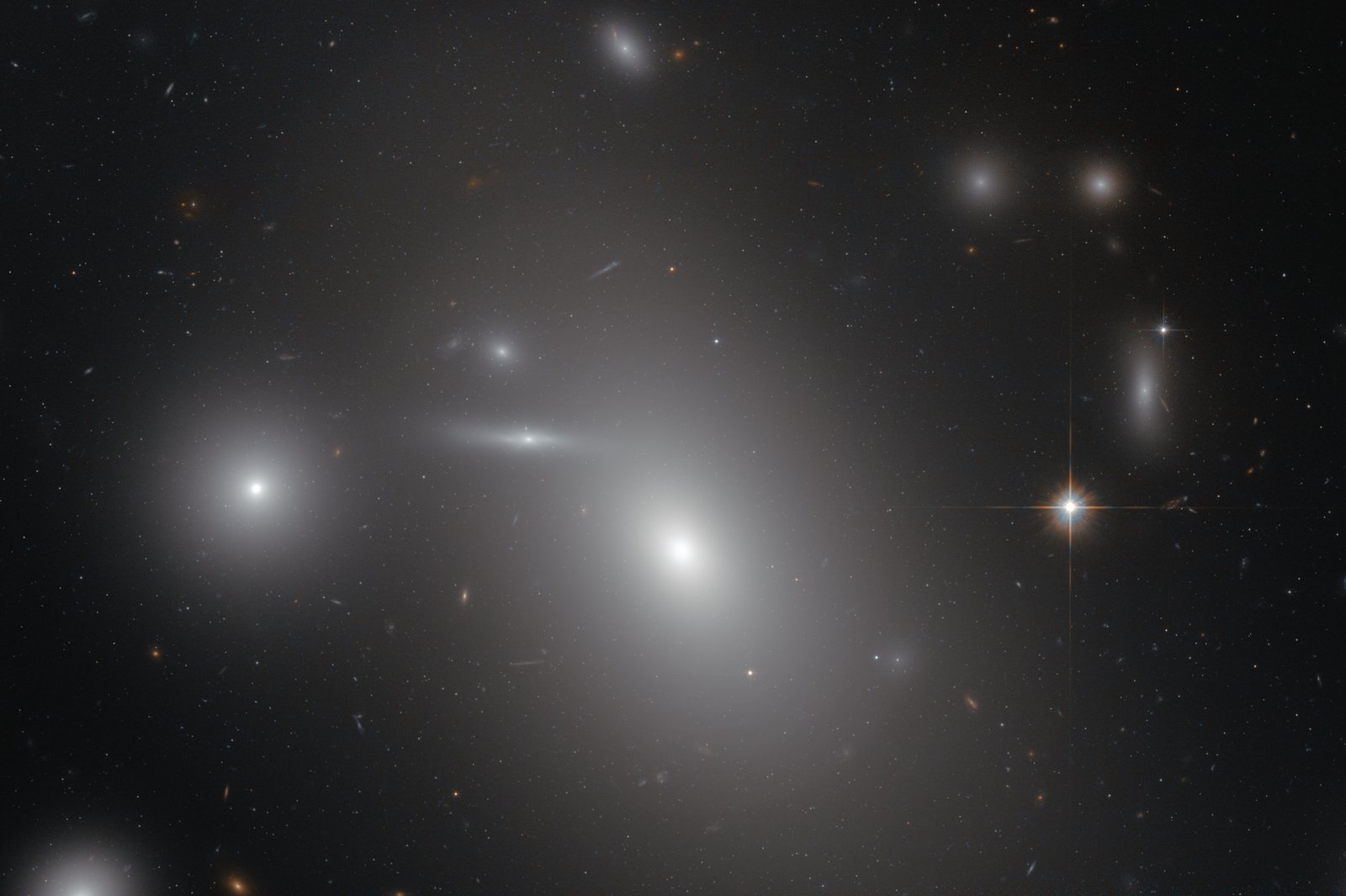 A large smooth elliptical galaxy glowing white among dozens of fainter galaxies on a dark background.