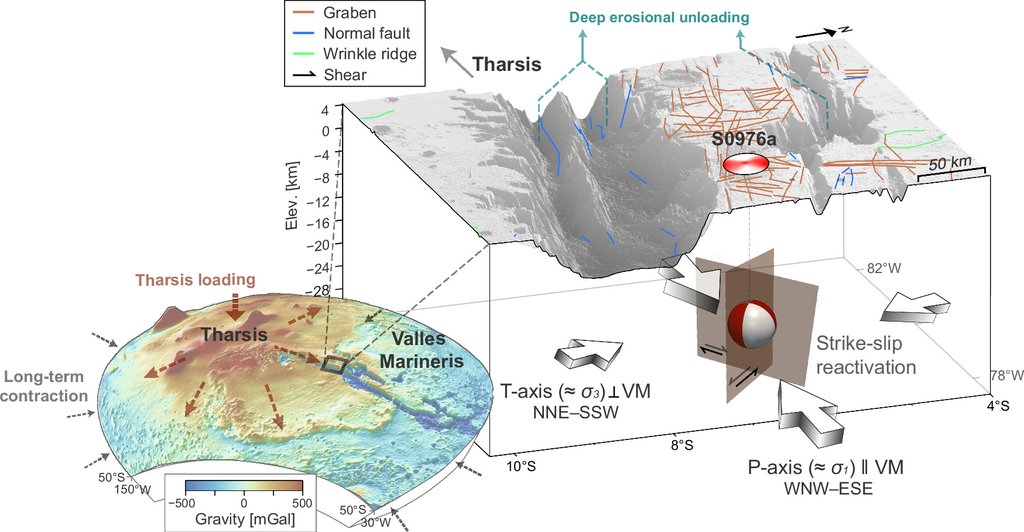 A schematic of the Tharsis rise and the canyon, with a three-dimensional beachball diagram showing two possible fault planes and the direction of slip.