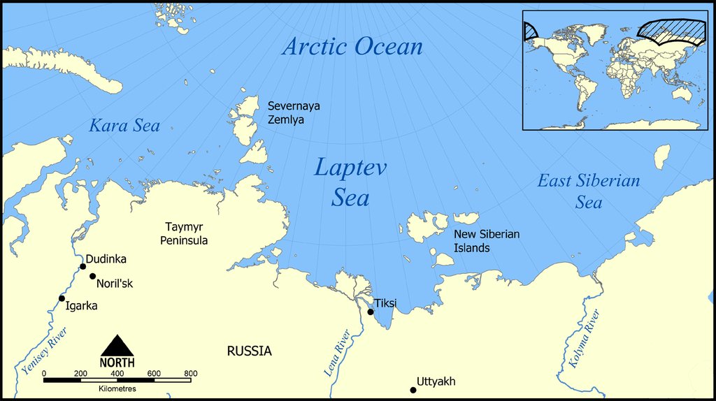 Map of the Laptev Sea on the Russian Arctic shelf, bordered by the Kara Sea to the west and the East Siberian Sea to the east, with the Lena River entering from the south.