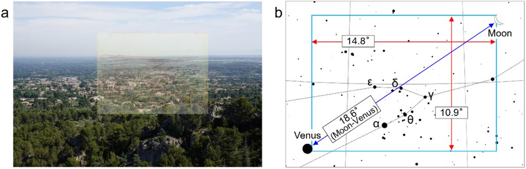 Left, a faint drawing registered onto a photograph of the valley below the ridge; right, a simulated star map with a narrow rectangular frame drawn across it and the Moon and Venus near opposite corners.