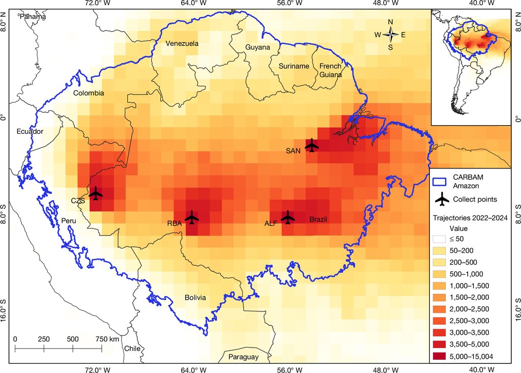 Map of the Amazon basin shaded by back-trajectory density, marking the four aircraft sampling sites and the air masses reaching them.