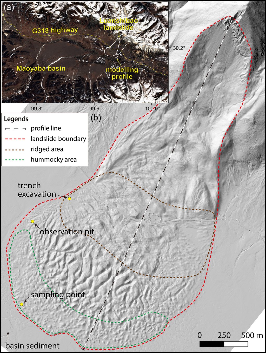 A shaded-relief map of a landslide, showing a tongue of hummocky ground spreading from a mountain slope onto a flat basin floor, with a satellite inset above it.