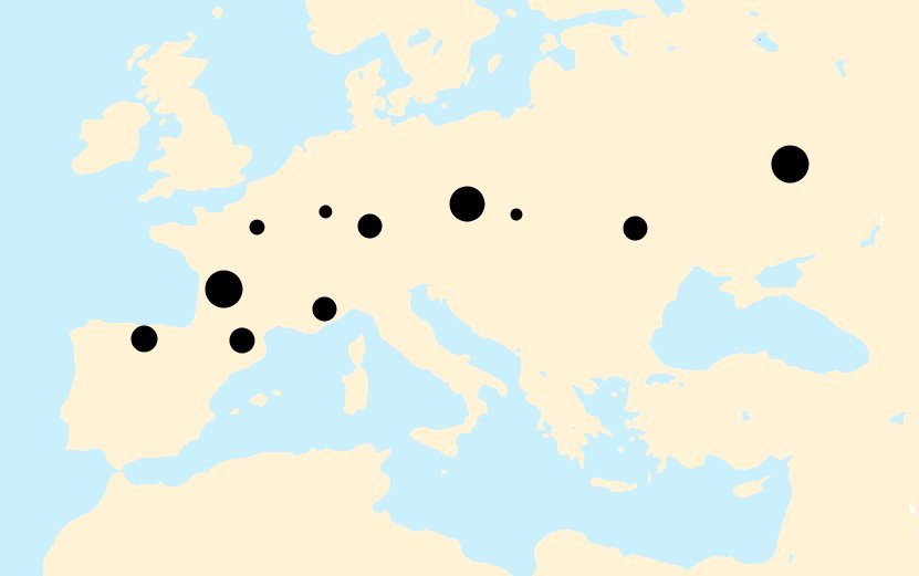 An outline map of Europe with black dots of varying size marking Gravettian archaeological sites from Iberia and France to central Europe and Russia.