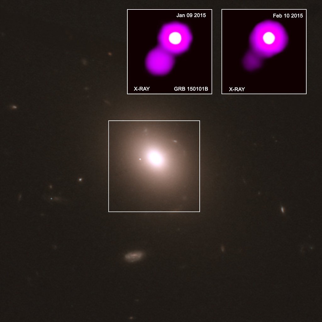 A galaxy glowing soft orange with a white box drawn around its core, and two labeled X-ray inset panels above it showing a bright source beside a smaller blob.