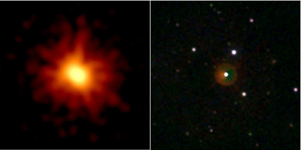 Two panels side by side: on the left a diffuse orange glow against black, on the right a star field with a bright point of light at the center.